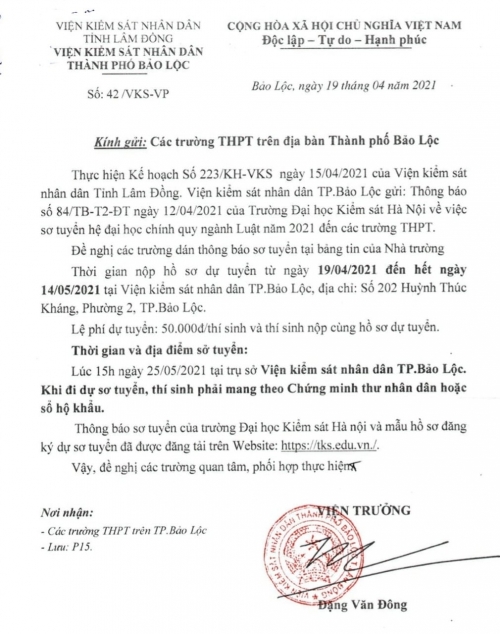 Đại học Kiểm sát Hà Nội thông báo sơ tuyển