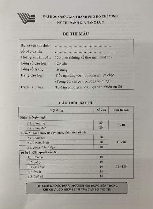 Đề thi mẫu - Kỳ thi đánh giá năng lực - ĐHQG Thành Phố Hồ Chí Minh