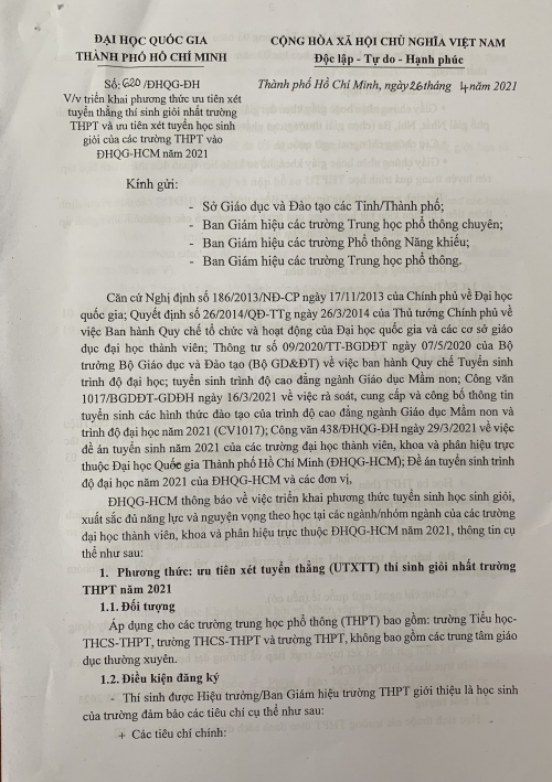 ĐHQG Tp. HCM: Ưu tiên xét tuyển thẳng thí sinh giỏi nhất trường THPT và ưu tiên xét tuyển HSG của các trường THPT vào ĐHQG TP HCM năm 2021