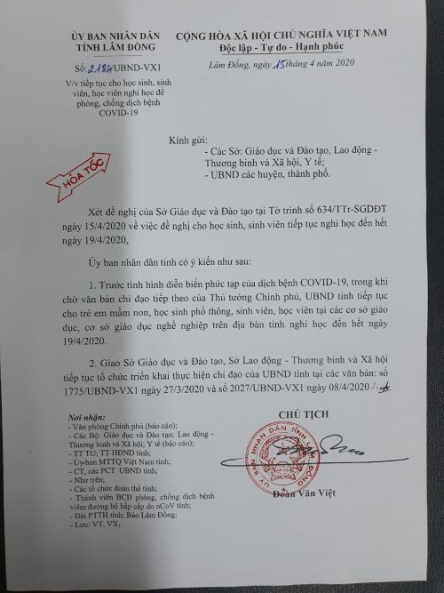 Hỏa tốc: Thông báo học sinh toàn trường tiếp tục nghỉ học đến hết 19/004