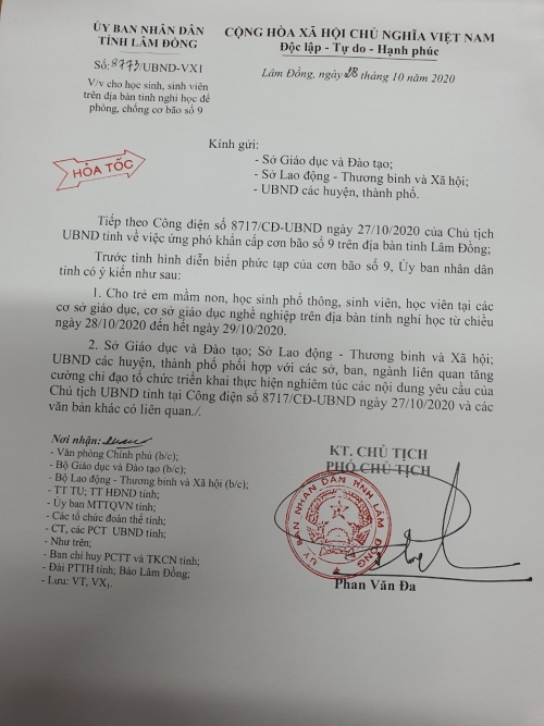 Khẩn: Nghỉ học tránh bão số 9 - Nghỉ từ chiều ngày 28/10 đến hết ngày 29/10/2020