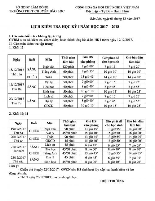Lịch thi học kì I - năm học 2017-2018