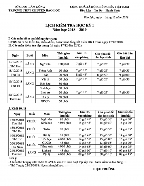 Lịch thi học kì I năm học: 2018-2019