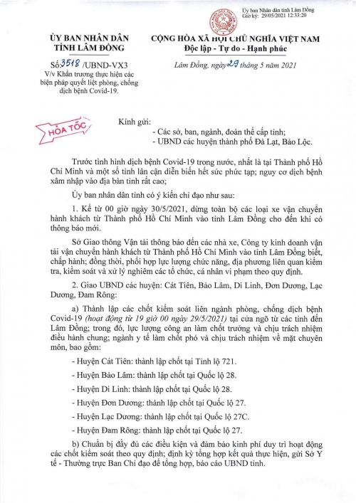 Thông báo: UBND tỉnh Lâm Đồng khẩn trương thực hiện các biện pháp phòng chống dịch bệnh Covid-19