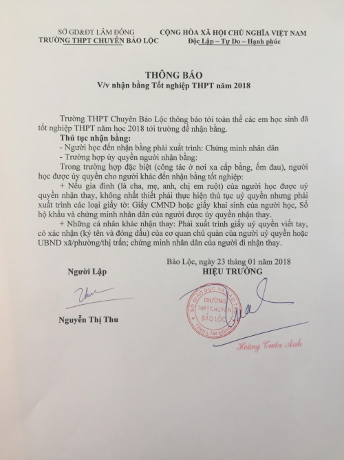 Thông báo v/v nhận bằng tốt nghiệp THPT năm 2019